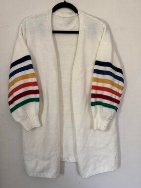 Ivory white long cardigan with rainbow on balloon sleeves